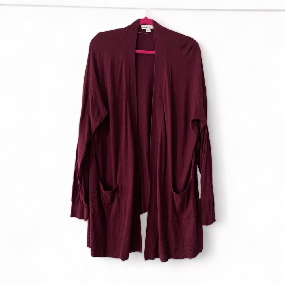 Ava & Viv Burgundy Open Front Cardigan 2X Side Slit Sweater GUC